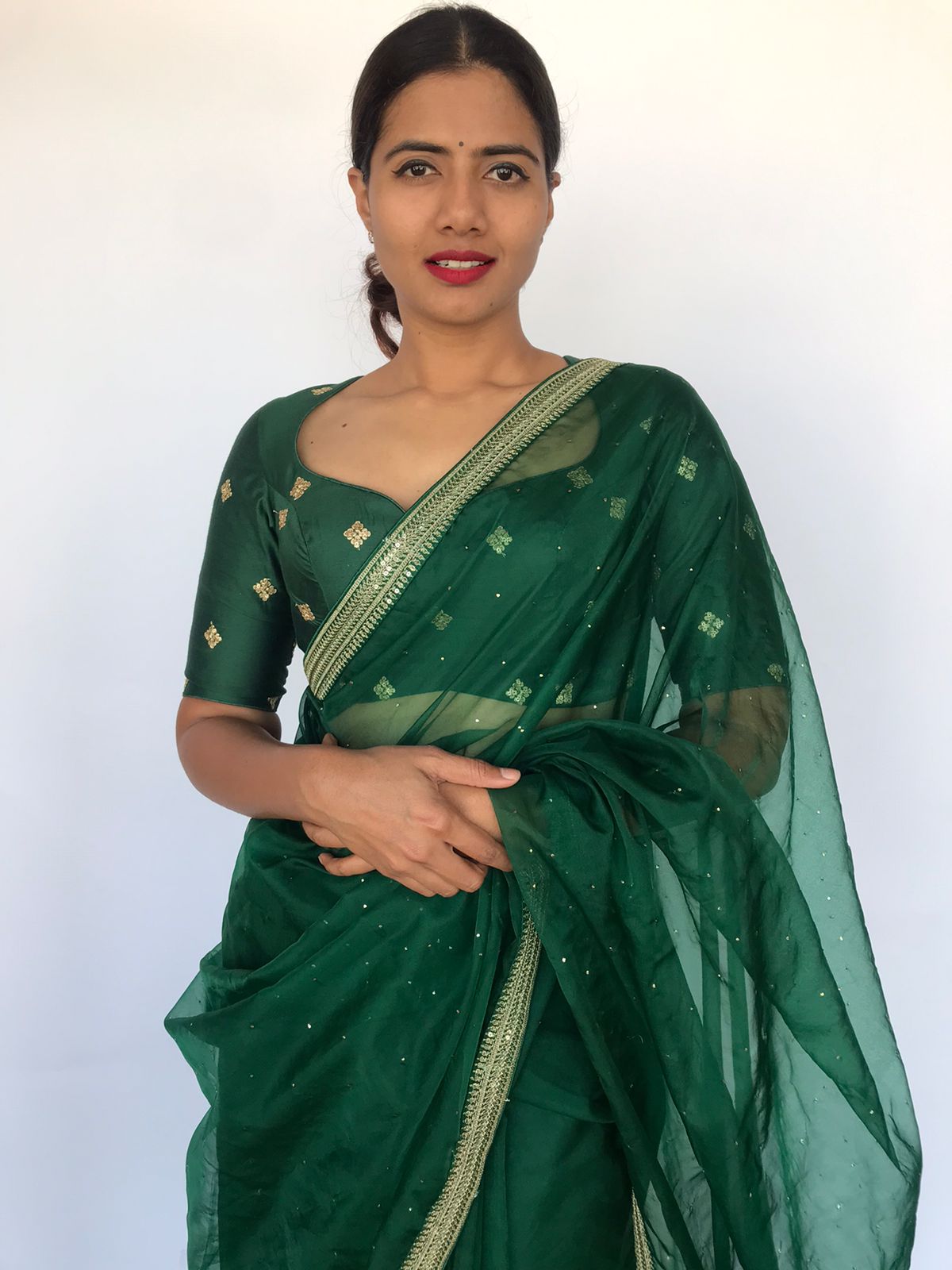 Bottle Green Organza Silk Saree with Embroidery Border