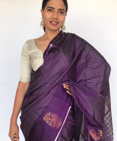 Purple Kanjivaram Saree with Silver Zari Checks