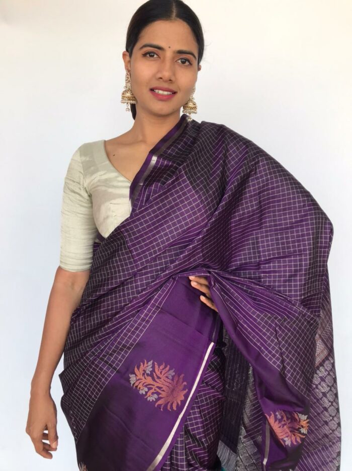 Purple Kanjivaram Saree with Silver Zari Checks