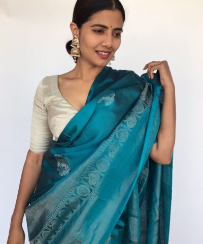 Blue Kanjivaram Saree with Silver Zari Buttas