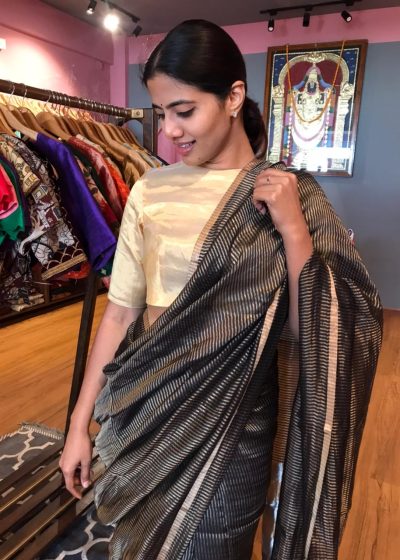 Black Chiniya Silk Saree with Gold Resham Zari Weaves