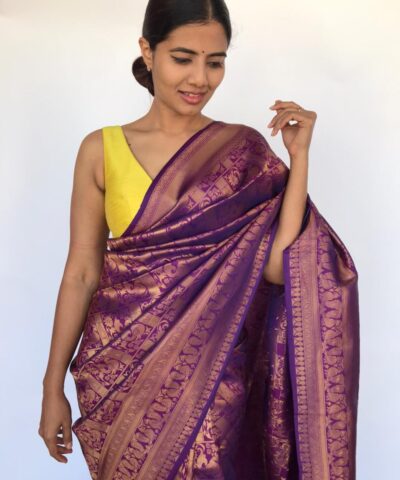 Purple Banarasi Silk Saree with Peacock Gold Zari Motifs