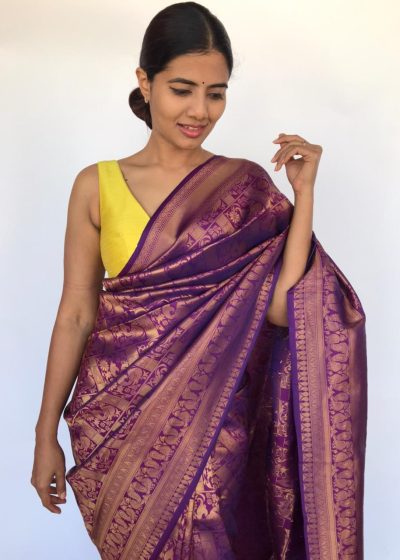 Purple Banarasi Silk Saree with Peacock Gold Zari Motifs