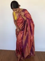Red Banarasi Silk Saree with Purple tone adorned with Peacock Motifs - Image 3