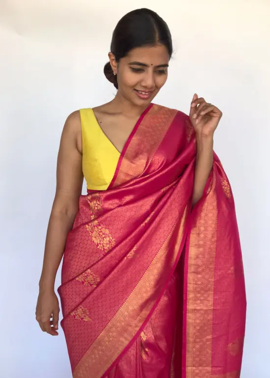 Pink Banarasi Silk Saree with Gold Zari Motifs