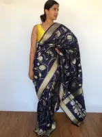 Navyblue Banarasi Silk Saree with Antique Gold and Silver Zari Weaves - Image 4