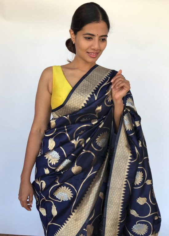 Navyblue Banarasi Silk Saree with Antique Gold and Silver Zari Weaves