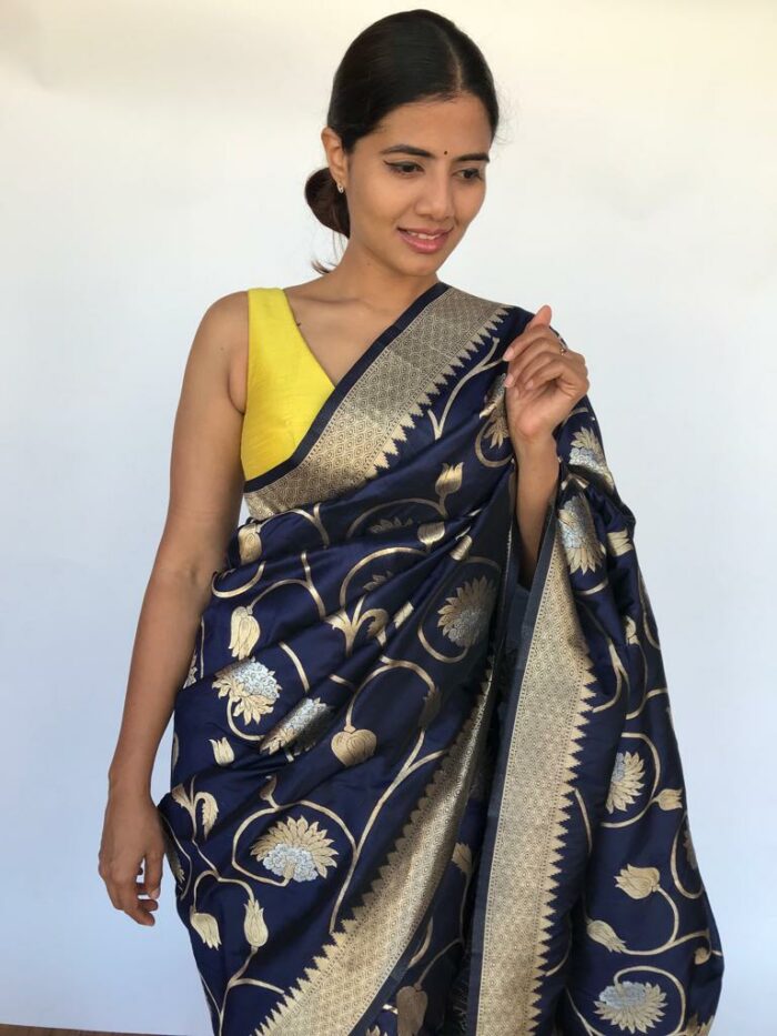 Navyblue Banarasi Silk Saree with Antique Gold and Silver Zari Weaves