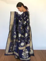 Navyblue Banarasi Silk Saree with Antique Gold and Silver Zari Weaves - Image 3
