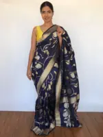 Navyblue Banarasi Silk Saree with Antique Gold and Silver Zari Weaves - Image 5