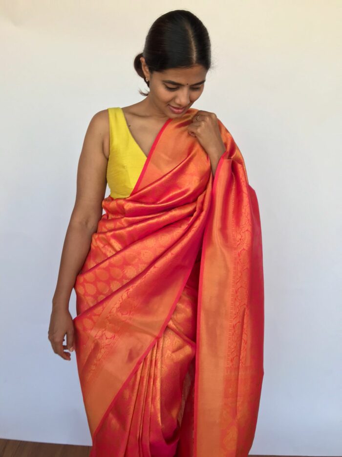 Rust Orange Banarasi Saree with Gold Zari Weaves