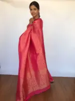 Sorbet Pink Banarasi Saree with Gold Zari Weaves - Image 2