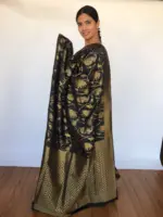 Black Banarasi Saree with Gold and Silver Zari Weaves - Image 3