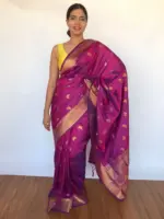 Dark Purple Banarasi Silk Saree with Gold Zari Floral Motifs - Image 3