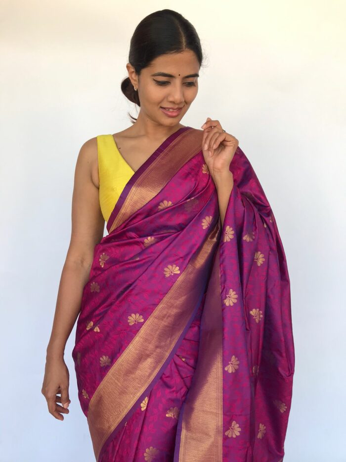 Dark Purple Banarasi Silk Saree with Gold Zari Floral Motifs