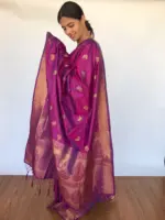 Dark Purple Banarasi Silk Saree with Gold Zari Floral Motifs - Image 2