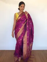 Dark Purple Banarasi Silk Saree with Gold Zari Floral Motifs - Image 5