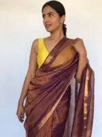 Chocolate brown Mangalagiri Silk Sa jiree with Gold Zari Checks