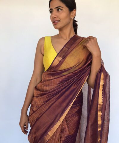 Chocolate brown Mangalagiri Silk Sa jiree with Gold Zari Checks