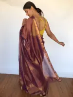 Chocolate brown Mangalagiri Silk Sa jiree with Gold Zari Checks - Image 3
