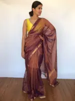 Chocolate brown Mangalagiri Silk Sa jiree with Gold Zari Checks - Image 4