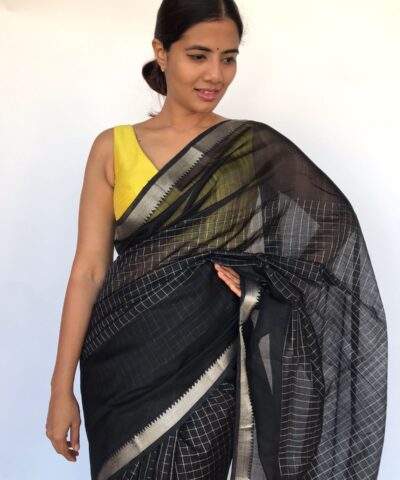 Black Mangalagiri Silk Saree with Silver Zari Checks