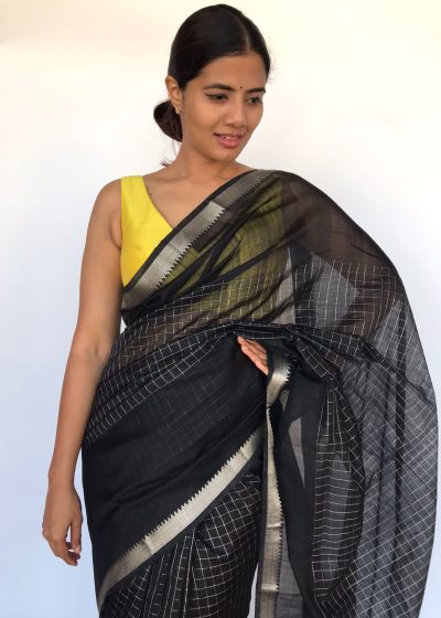 Black Mangalagiri Silk Saree with Silver Zari Checks