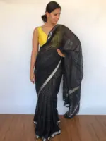 Black Mangalagiri Silk Saree with Silver Zari Checks - Image 4