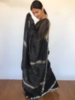 Black Mangalagiri Silk Saree with Silver Zari Checks - Image 2