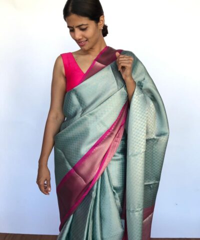 Pastel Blue Kora Silk Saree with Gold Zari Weaves