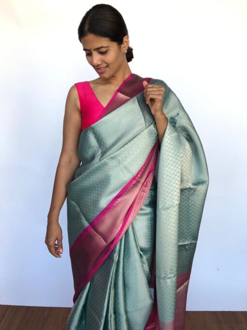 Pastel Blue Kora Silk Saree with Gold Zari Weaves