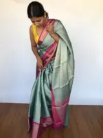Pastel Blue Kora Silk Saree with Gold Zari Weaves - Image 4
