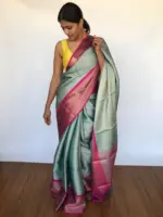 Pastel Blue Kora Silk Saree with Gold Zari Weaves - Image 3