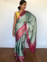 Pastel Blue Kora Silk Saree with Gold Zari Weaves - Image 5