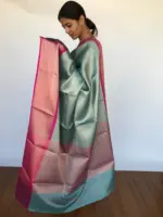 Pastel Blue Kora Silk Saree with Gold Zari Weaves - Image 2