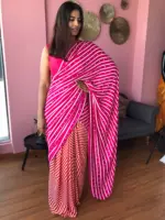 Printed Pink Satin Saree - Image 4
