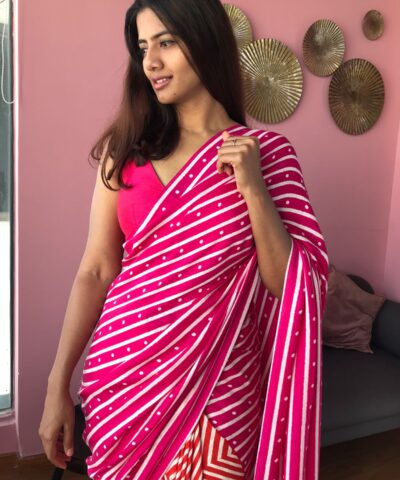 Printed Pink Satin Saree Online