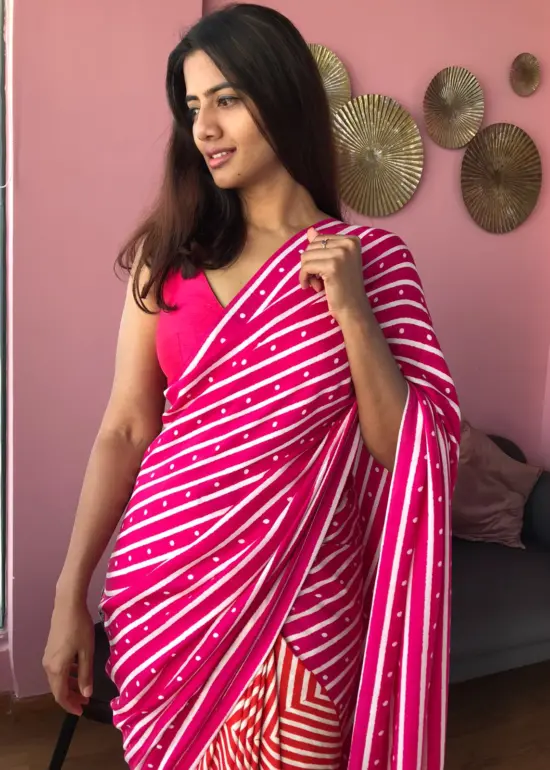 Printed Pink Satin Saree Online