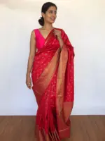 Scarlet Red Banarasi Silk Saree with Tiny Gold Zari Buttas - Image 4