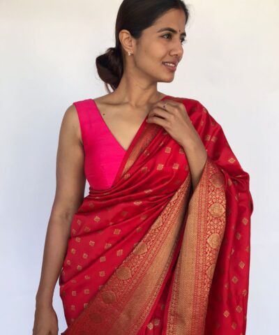 Scarlet Red Banarasi Saree with Gold Zari Buttas
