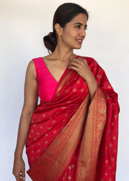 Scarlet Red Banarasi Saree with Gold Zari Buttas