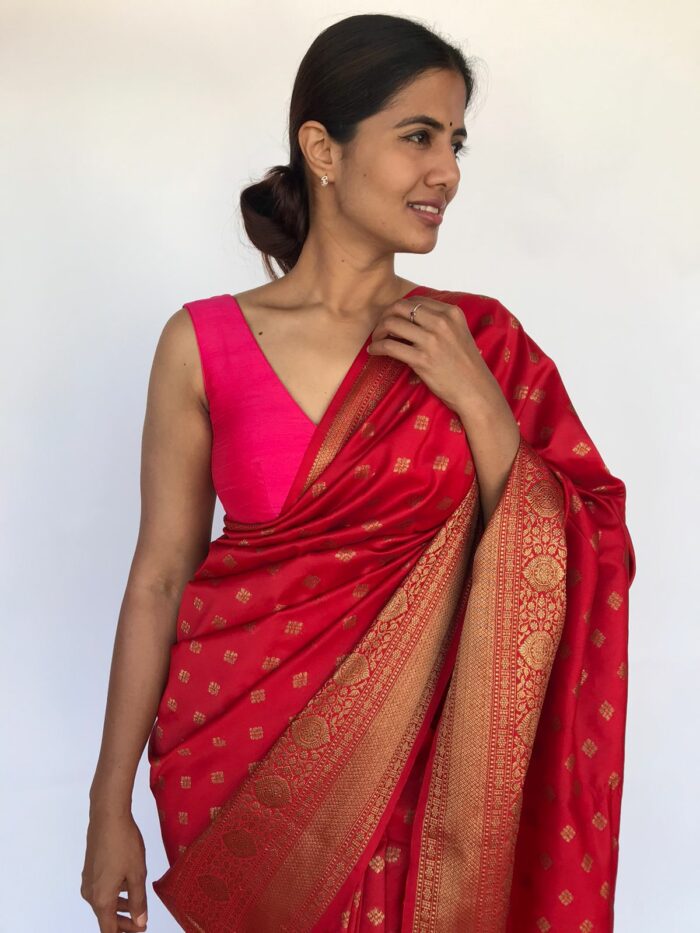 Scarlet Red Banarasi Saree with Gold Zari Buttas