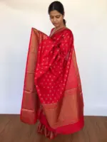 Scarlet Red Banarasi Silk Saree with Tiny Gold Zari Buttas - Image 3