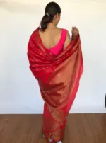Scarlet Red Banarasi Silk Saree with Tiny Gold Zari Buttas - Image 2