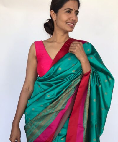 Teal Blue Banarasi Satin Saree