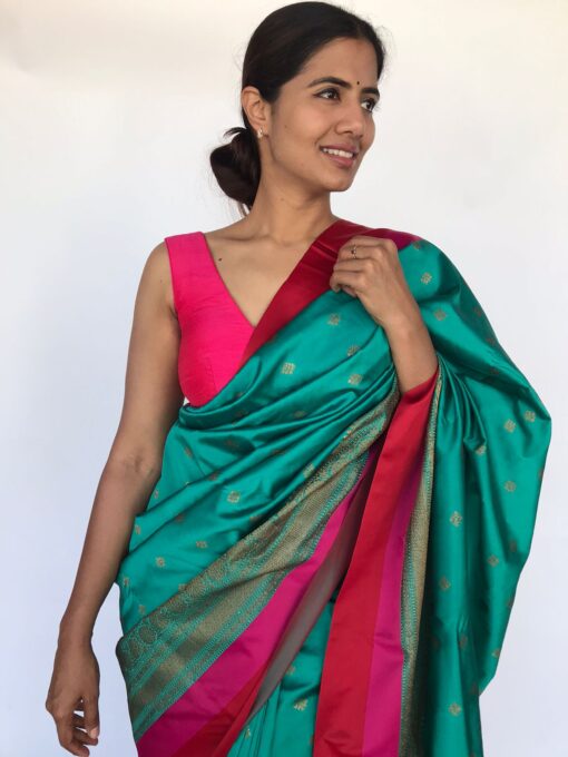 Teal Blue Banarasi Satin Saree