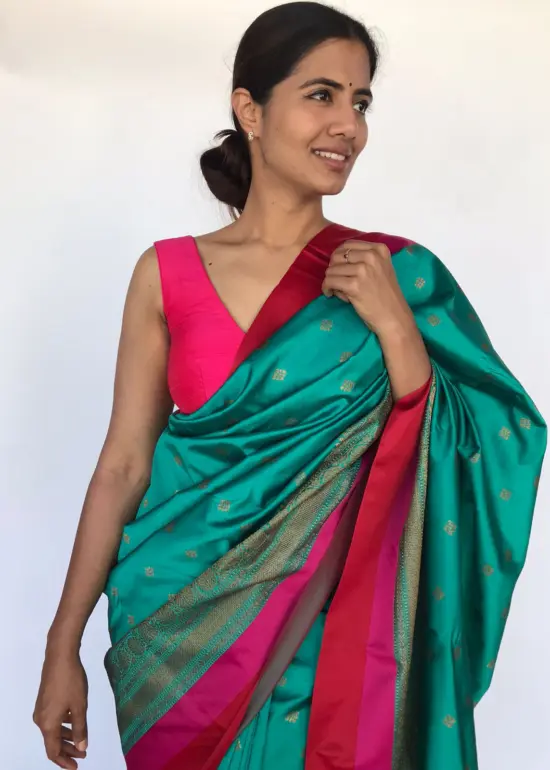 Teal Blue Banarasi Satin Saree