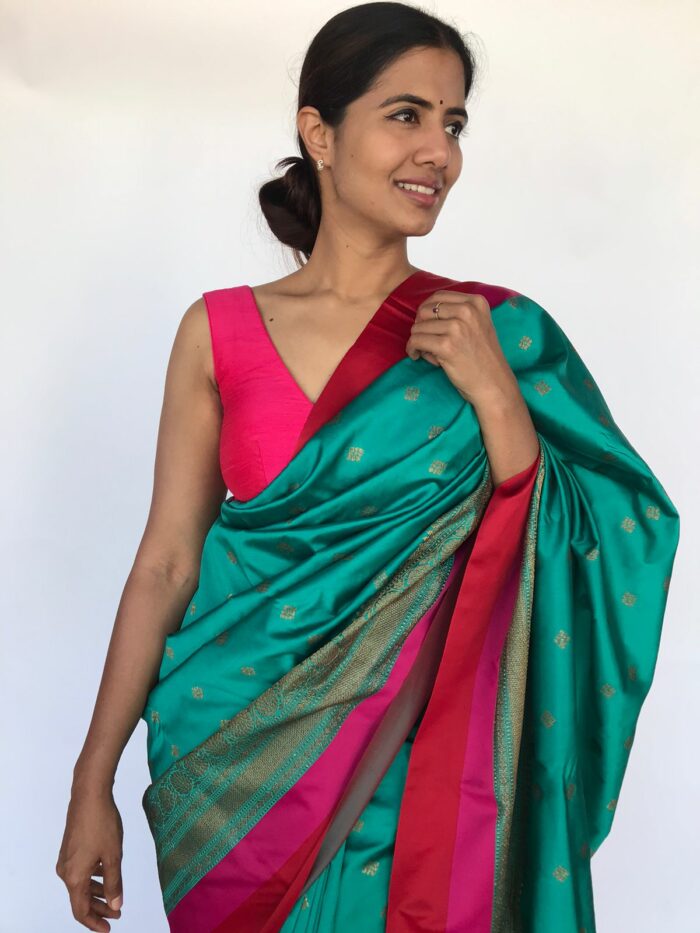 Teal Blue Banarasi Satin Saree