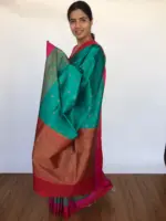 Teal Blue Banarasi Satin Saree - Image 4