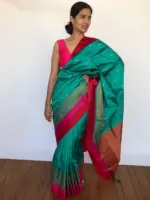 Teal Blue Banarasi Satin Saree - Image 3